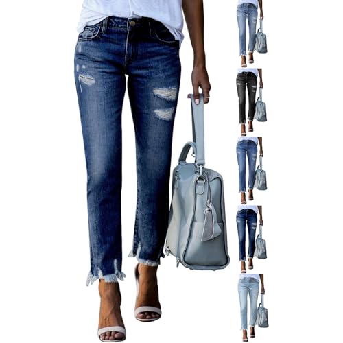 Ripped Jeans Womens Straight Leg High Rise Ladies Frayed Hem Distressed Jeans Ankle Pants with Pockets
