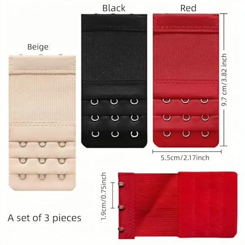 3 Pcs Women\'s 3 Hook 3 Row Bra Extender - Soft Cotton Adjustable Bra Strap Extension for Pregnancy, Weight Gain & Tight Bras (Red/Beige/Black) - Thumbnail 4