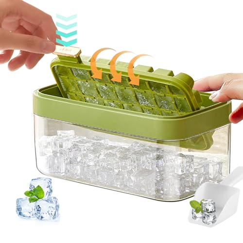 Rotating Ice Cube Tray with Lid and Bin，28 ​Pcs Mini Ice Cube Trays with Scoop， Ice Maker for Small Freezer, Kitchen Gadgets and Apartment Essentials, Easy-Release (Green)