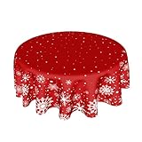 Christmas Round Tablecloth 60 Inch, Merry Christmas Snowflake Round Table Cloth Outdoor Waterproof Christmas Tablecloths Red Xmas Cover Holiday Tabletop Decoration for Kitchen Home Party Dining