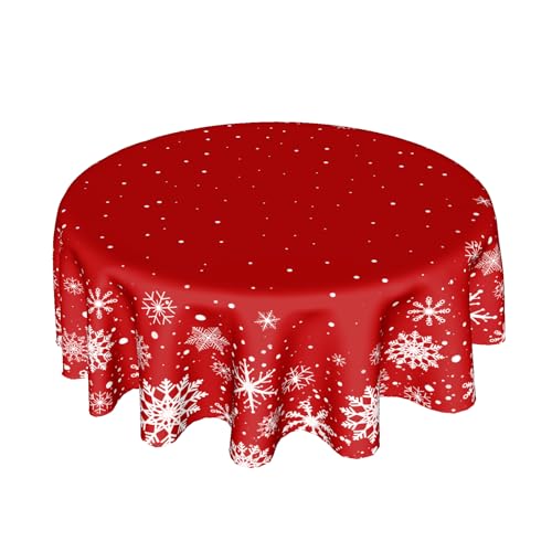 Christmas Round Tablecloth 60 Inch, Merry Christmas Snowflake Round Table Cloth Outdoor Waterproof Christmas Tablecloths Red Xmas Cover Holiday Tabletop Decoration for Kitchen Home Party Dining