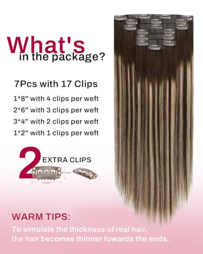 Image of Moresoo Seamless Clip in Human Hair Extensions, Ombre Brown, for Daily Wear | Clip in hair extensions remy hair, balayage medium brown to warm caramel, 22inch 120g 7pcs, for weddings and photoshoots