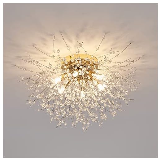 6-Light Sputnik Flush Mount Ceiling Light Fixture, Modern Gold Crystal Firework Ceiling Lights, Close to Ceiling Lamp for Bedroom Kitchen Hallway Entryway Bathroom
