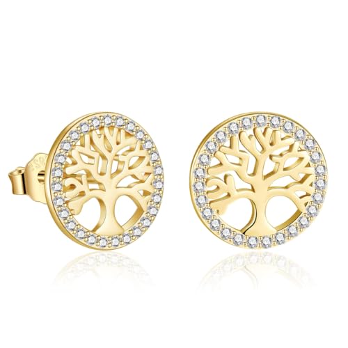 KRIEG Pendientes Árbol de la Vida para Mujer, Plata de Ley 925, Hipoalergénicos, Regalo para Esposa Madre Hija, Oro
