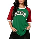 Deyaidy Mexico Shirts for Women Mexico Flag Shirt Oversized Graphic Tees Casual Vacation Short Sleeve Cotton Tops(Red Green,L)