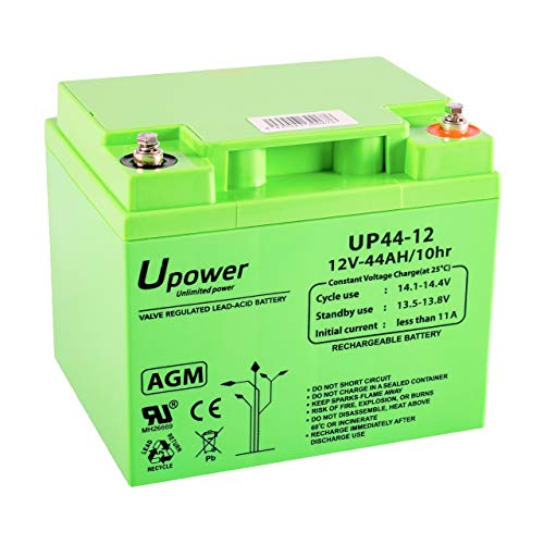 U-Power Batería AGM 12V 44Ah – Sellada Recargable Plomo-Ácido VRLA – para Alarmas, SAI/UPS, Energía Solar, Seguridad y Más – Terminal Tornillo Métrica M6