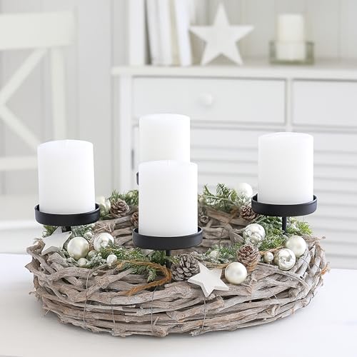 heimzeit Kerzenhalter zum Stecken für Stumpenkerzen bis Ø80 mm und Tischkerzen aus Metall [4 Stück, Rund] Farbe: Schwarz, Stilvolles Design, Kerzenstecker Adventskranz für eine elegante Raumdekoration