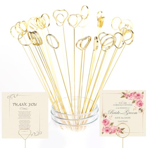 Gegraterwa Picture Holders for Centerpieces,40Pcs Gift Card Holder Picks,Metal Photo Holders for Centerpieces,Sticks for Flower Bouquet Wedding Party Birthday (Heart&Round)