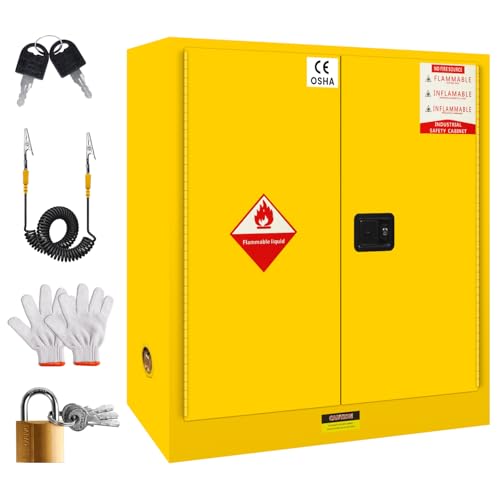 Image of 30 Gal 43" x 18" x 44" Flammable Storage Cabinet, Galvanized Steel Fire Cabinet, Explosion Proof, 2 Adjustable Shelves 2 Manual Doors, Flammable Safety Cabinet for Chemical Storage