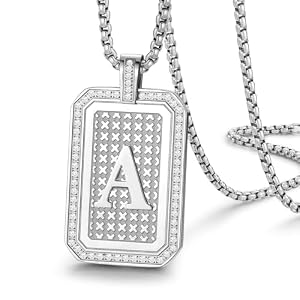 Initial Pendant Necklace Men Women Uppercase Silver Letter Diamond A-Z Stainless Steel Box 22 Inch