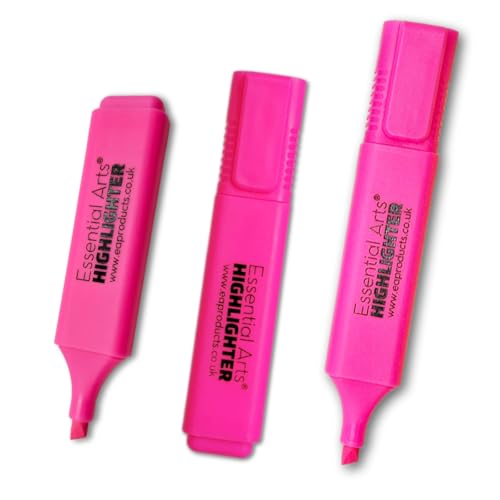Essential Arts Square Pink Highlighter Pen Pack of 3 | Chisel Tip Fluorescent Highlight Marker Pens for Office, School Art and Business