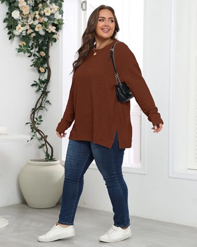KARALIN Womens Plus Size Tops Fall CrewNeck Waffle Knit Long Sleeve Shirts Side Slits Oversized Sweater Pullover4