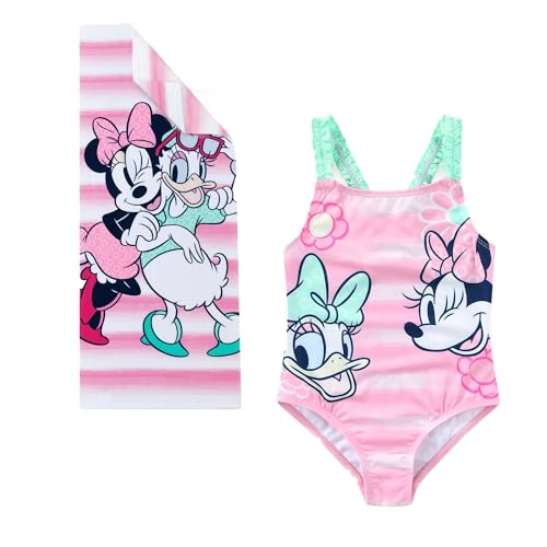 Disney Minnie Mouse Daisy Girls One Piece Swimsuit Bathing Suit with Pool Beach Towel 20 x 50 Set for Toddler to Big Kids Pink