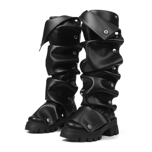 femflame Platform Boots Fold Over Knee High Boots Slouchy Ruched Stacked Heel Round Toe Boot Pull On Leather Wide Calf Tall Fall Long Boot2