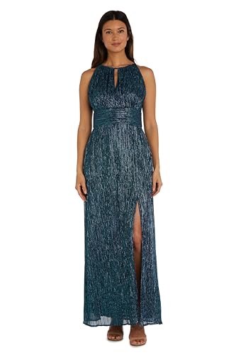 Image of R&M Richards Women's Metallic Crinkle Halter Maxi Gown W /Keyhole, Slit & Shirred Waist