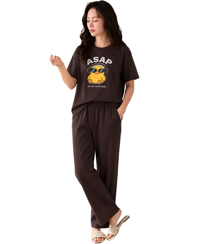 Women's Pure Cotton Top and Pyjama Co-Ord Set | ASAP Graphic Printed Night Suit | Regular Fit Half Sleeve Round Neck T-Shirt with Pajama Sleepwear Loungewear Set (Brown, 4XL)-image-23