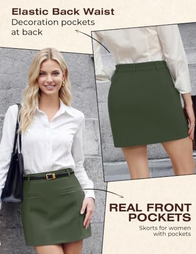 Women Green Fall Mini Pencil Skirt with Shorts, High Waisted Skort Pockets — view 4