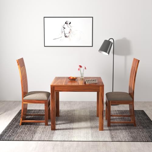 Image of Solid Sheesham Wood 2 Seater Dining Table Set with Cushioned Chairs for Dining Room | Living Room | Home & Office | Hotels Restaurant & Cafe (2 Seater, Honey B)