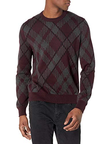 Perry Ellis Men's Long Sleeve Cotton Ao Plaid CRW Sweater, Port, XX Large