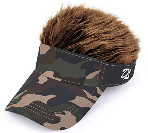 【 フサフサ 髪の毛 フレア バイザー 】(DOLCE LUCCI) フレアー ウィッグ 付 ヘアー ハゲ かつら サンバイザー ゴルフ 釣り アウトドア ジョークグッズ (迷彩グリーン(ロゴ)×モカブラウン)