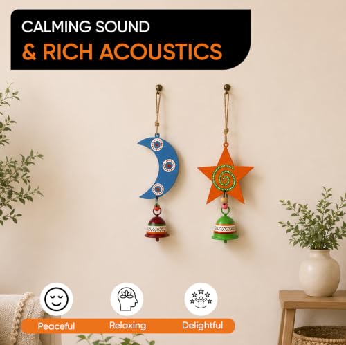 Image of Aakriti Art Creations Celestial Moon & Star Wind Chime Duo | Handmade Modern Art Wooden & Metal Wind Chimes | Decorative Indoor & Outdoor Hanging for Balcony, Garden, Living Room & Gifting