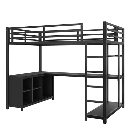 Image of Bellemave Twin XL Size loft Bed with L Desk, Wardrobe, Metal Twin XL Loft Bed Frame for Adults, Kids, Teens, Black