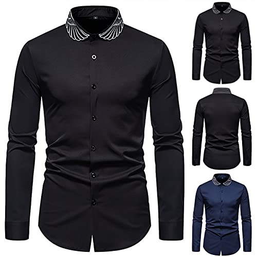heavKin Men's Dress Shirts Long Sleeve Wings Embroidery Collar Button Down Cool Shirts Casual Slim Fit Western Shirts Black