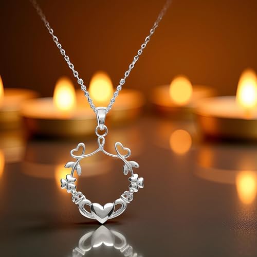 Irish Claddagh Necklace Sterling Silver 925 - Dainty Leaf Clover Wreath Pendant with Chain 20" - Good Luck Blessing Shamrock Charm - Endless Love Celtic Jewelry for Women - Handmade2