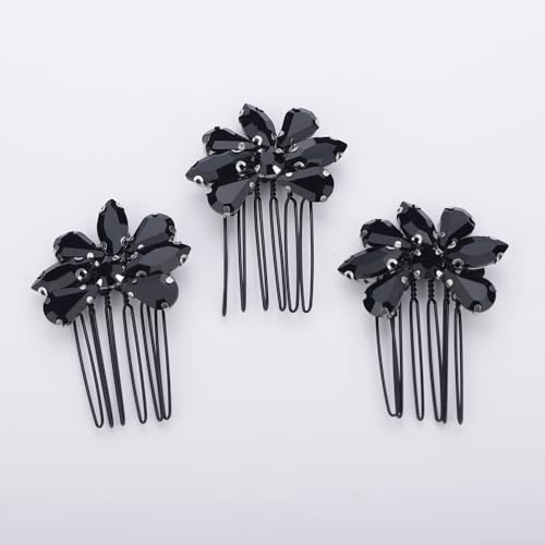 Rumtock 3pcs Black Crystal Sparkle Cute Hair Comb for Brides Bridesmaid Flower Girl Hair Styling Hair Accessories Prom Girls Banquet Women (Black)