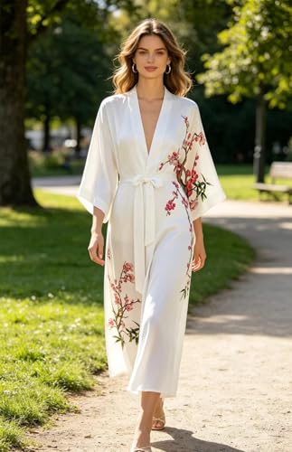 Image of Women's Classic 100% Silk Kimono Robe, Bathrobe-Printed Pattern