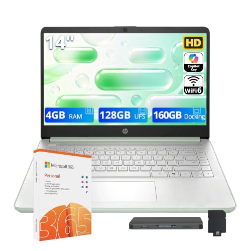 Image of HP Flagship 14 inch HD Student&Business Laptop, 13th Gen Intel 4-Core, 4GB RAM, 288GB Storage (128GB UFS + 160GB Docking Station), 1 Year Office 365, AI Copilot, Wi-Fi 6, Win 11 S, Willow Green