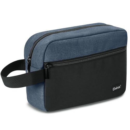 Elviros Travel Neceser de Viaje para Hombre, Impermeable, portátil, con Compartimento para Afeitado y asa, Organizador de cosméticos para Gimnasio, Ducha y baño, Negro&Bleu Foncé