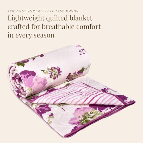 Image of HUESLAND Reversible AC Quilt Blanket Single Bed | 100% Cotton Quilted Shell, Super Soft 120 GSM Microfibre Wadding | Lightweight Comforter for All Weather Use | 55 x 88 inches, Floral Fusion