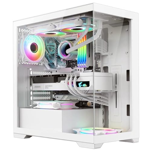 Combrite VIEW Gaming PC Case, Mid Tower ATX, Tempered Glass Panels, 3x Addressable ARGB LED Fans (White)