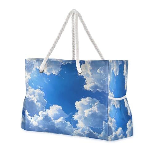 Blue Sky Clouds Beach Bag & Travel Tote Bag Large Sandproof with Zipper Closure, Wet Pouch for Swim Gym Travel, Lightweight Foldable Outdoor Bag
