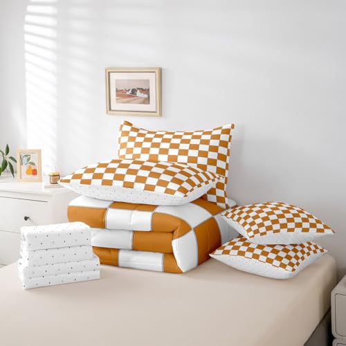 Image of Erosebridal White Orange Checkered Queen Bedding Set 7 Piece Buffalo Plaid Grid Comforter Set with Sheets,Checkerboard Bed in A Bag for Kids Adults Men Women Aesthetics Gingham Bed Set
