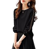 [Boretipseo] Tシャツ レディース 長袖 レース トップス 透かし彫り 花柄 カットソー 丸首 切り替え オフィス 着瘦せ ファッション お出かけ 韓国 可愛い 通気性 通勤 春 秋 冬
