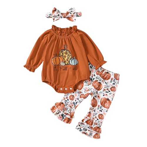 Newborn Baby Girl My First Christmas Outfits Letter Tree Print Pleated Ruffle Romper Flared Pants+Bow Headband