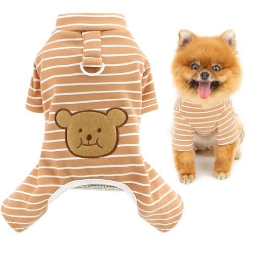 SMALLLEE_LUCKY_STORE 犬服 秋冬 フリース裏地 パジャマ ペット服 つなぎ 厚手 ボーダー柄 熊模様 セーター 犬用ロンパース Dリング付き 超小型犬 小型犬 子犬 猫服 チワワ服 冬物 部屋着 お散歩 お出かけ,ブラウン,M