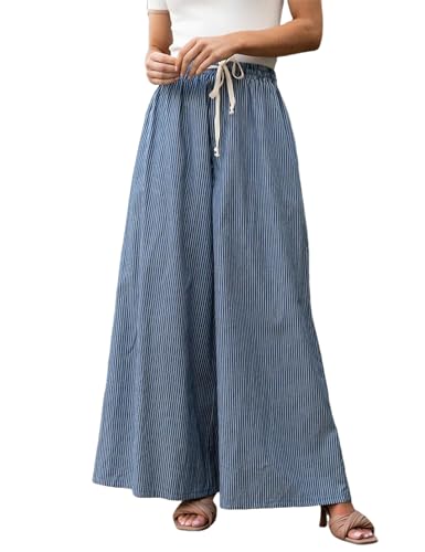 Womens Casual Striped Pants Drawstring Waist High Rise Extra Wide Palazzo Pants with Pockets