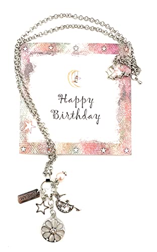 Smiling Wisdom - Birthday Dream Moon Fairy Angel Greeting Card And Snap Button Necklace Gift Set - Woman Friend Teen Girls - Silver #TOP5