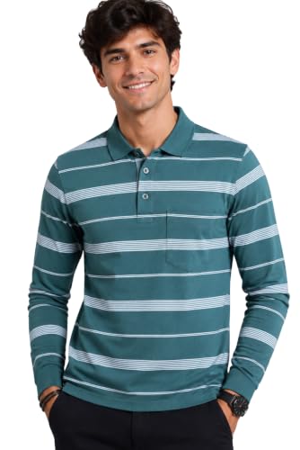 Image of SANE ORIGINALS Full Sleeves Polo Collar Tshirt for Men with Pocket || Stripe Collar and Pocket Tshirt for Men Long Sleeves Navy Blue