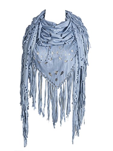 Persun Coffee Suedette Laser Cut Fringed Cape Shawl Wrap Scarf , Light Blue, One Size - Thumbnail 3