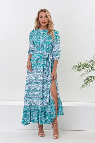 Image of Women Boho High-Waist Floral Print Maxi Dress 3 /4 Sleeve Casual | Soft Rayon, Breathable, Quick-Dry. High-Waist with Adjustable Belt, Flattering Hem. Ideal for Beach, Work & Dating.