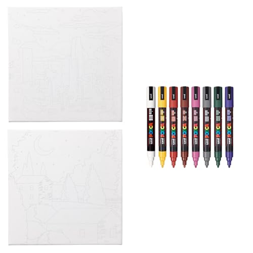 Image of POSCA Canvas Paint by Number Kit, Night City Skies - 8 Acrylic Markers with 2 Pre-Drawn Canvases - Gift Set for Artists, Adults and Kids