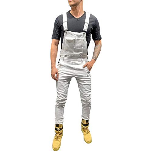 Vaqueros Hombre Mezclilla pantalón Chandal Mono Jeans 2019 Nueva Jumpsuit Pantalones de Mezclilla para Trabajos con Peto Tirante Denim Pantalon Slim fit Peto Amovible (M(EU=74), Blanco)