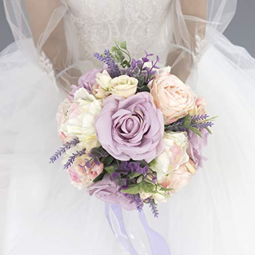 Abbie Home 9 inches Lavender Bridal Bouquet-Real Touch Blooming Pink White Roses Wedding Flowers with Green Branches Decoration