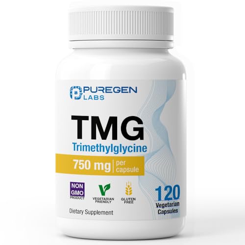 Puregen Labs TMG 750 mg – [High Potency] Trimethylglycine Supplement – Supports Normal Homocysteine Metabolism, Non-GMO, NO Gluten and Dairy - 120 Vegetarian Capsules