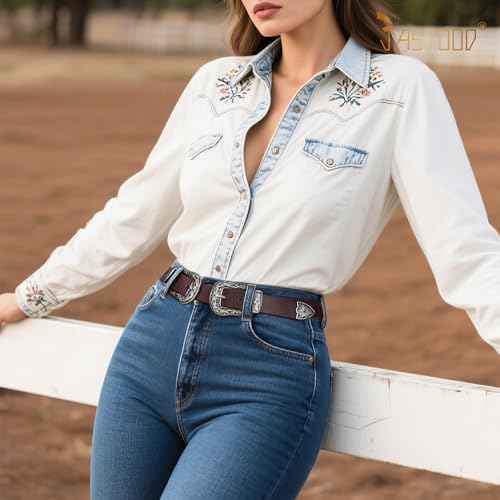 Image of JASGOOD Double Buckle Western Belts for Woman Cowgirl Country Belt Vintage Black Leather Belt for Jeans Pants Dresses