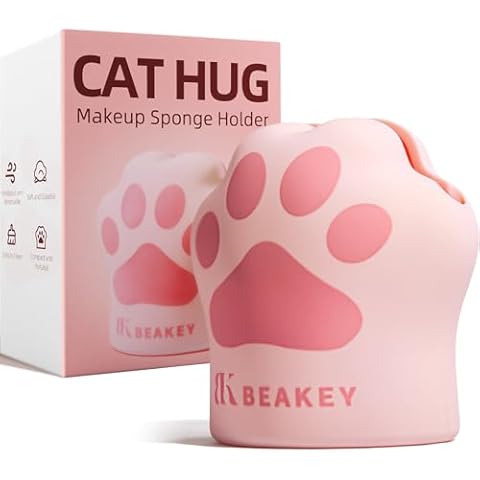BEAKEY Cat Hug Makeup Sponge Holder, Silicone Beauty Sponge Blender Case with Vent Design for Quick Drying, Compact Travel Essentials Make Up Puff Blender Container - Pink Cover